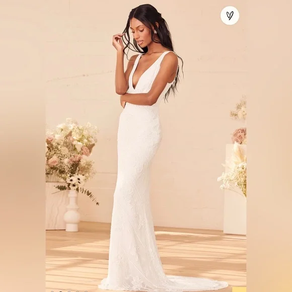 Lulus The Sweetest Vows White Sequin Mermaid Maxi Dress New - Picture 3 of 10